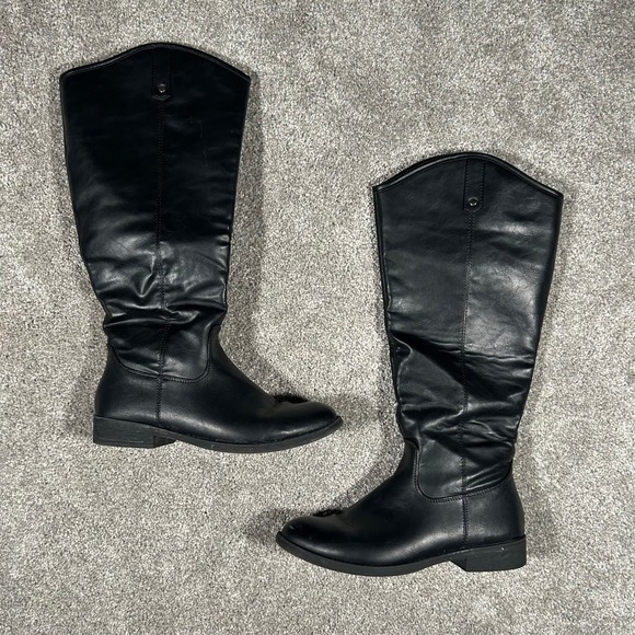 Shoes - VEPOSE Black Faux Leather Slouchy Knee High Boots CJY956 Low Block Heel‎ Size 9